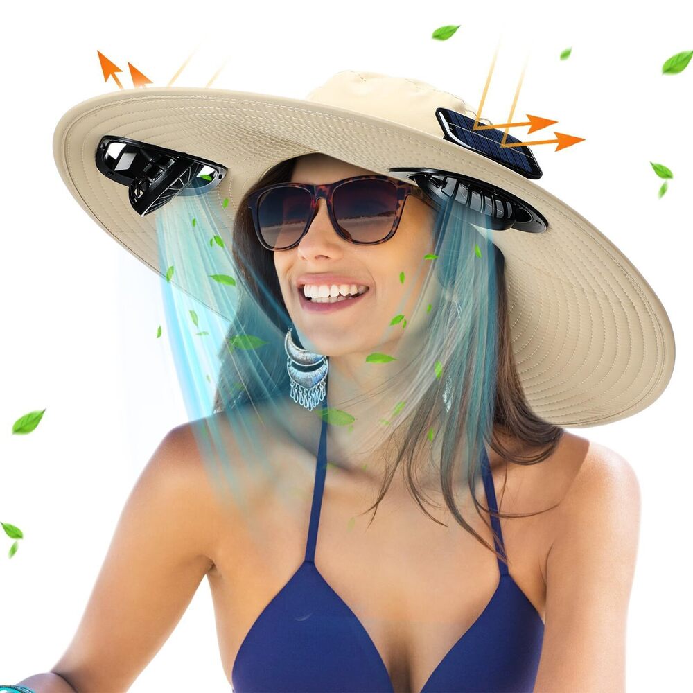3457 5.9 Inch Extra Wide Brim Sun Hat with 2 Solar Fans Outdoor Fishing Hat